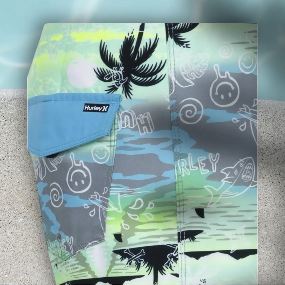 Hurley Kids Swim Trunks - Green and Blue - Picture 2 of 10